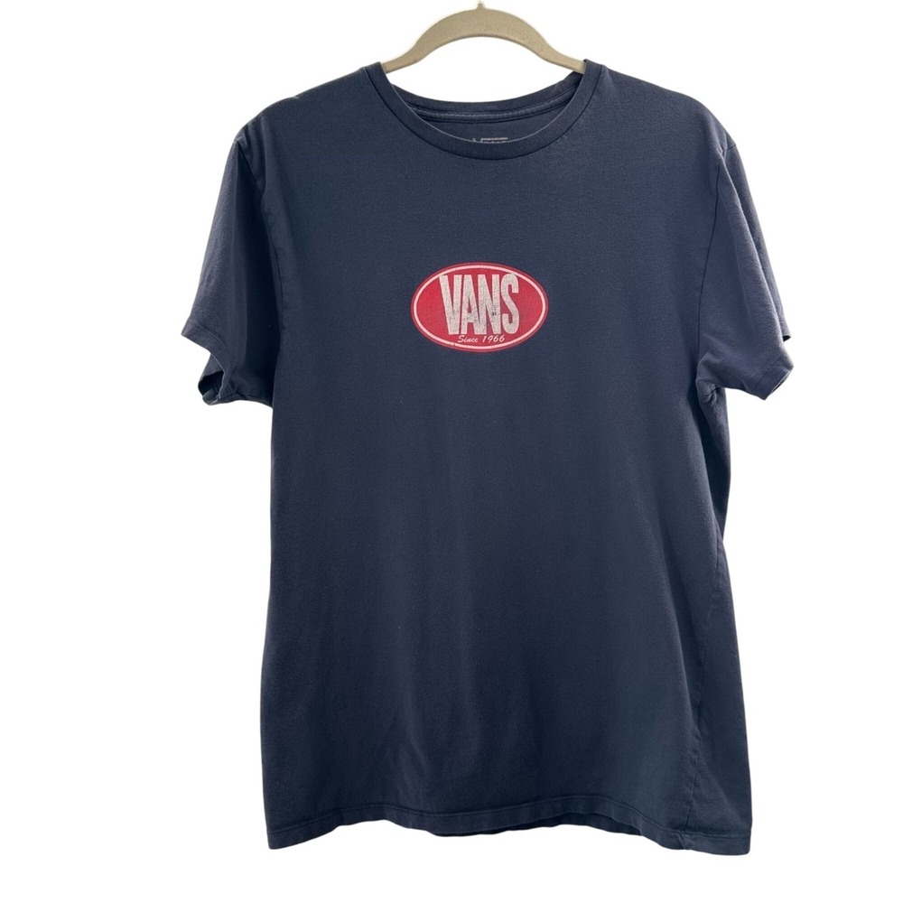 Vans Slim Fit Navy Blue T-Shirt Red Logo Graphic‎ Medium Cotton Mens Casual Tee